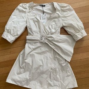 Zara mini wrap dress with puff sleeves and rhinestone belt